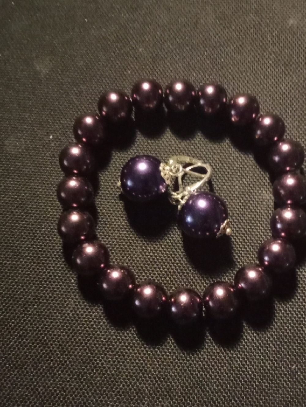 Pearl Purple Beaded Bracelet with Matching Pearl Drop Earrings - Pearl
